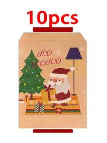 10/60pcs Christmas Candy Paper Bags Christmas Tree Santa Claus Kraft Paper Bags Holiday Party Snack Gift Packaging Bags - Mocha Brown - View 10