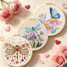1PC 15*15cm/5.9*5.9in 20*20cm/7.9*7.9in,Dragonflies And Butterflies Embroidery Kit, DIY Handmade Embroidery Set For Adult Beginners, Home Gift, Women's Sewing Gift, Including User Manual, Printed Pattern Fabric, Embroidery Frame, Needle And Thread. - 15X15CM - View 2