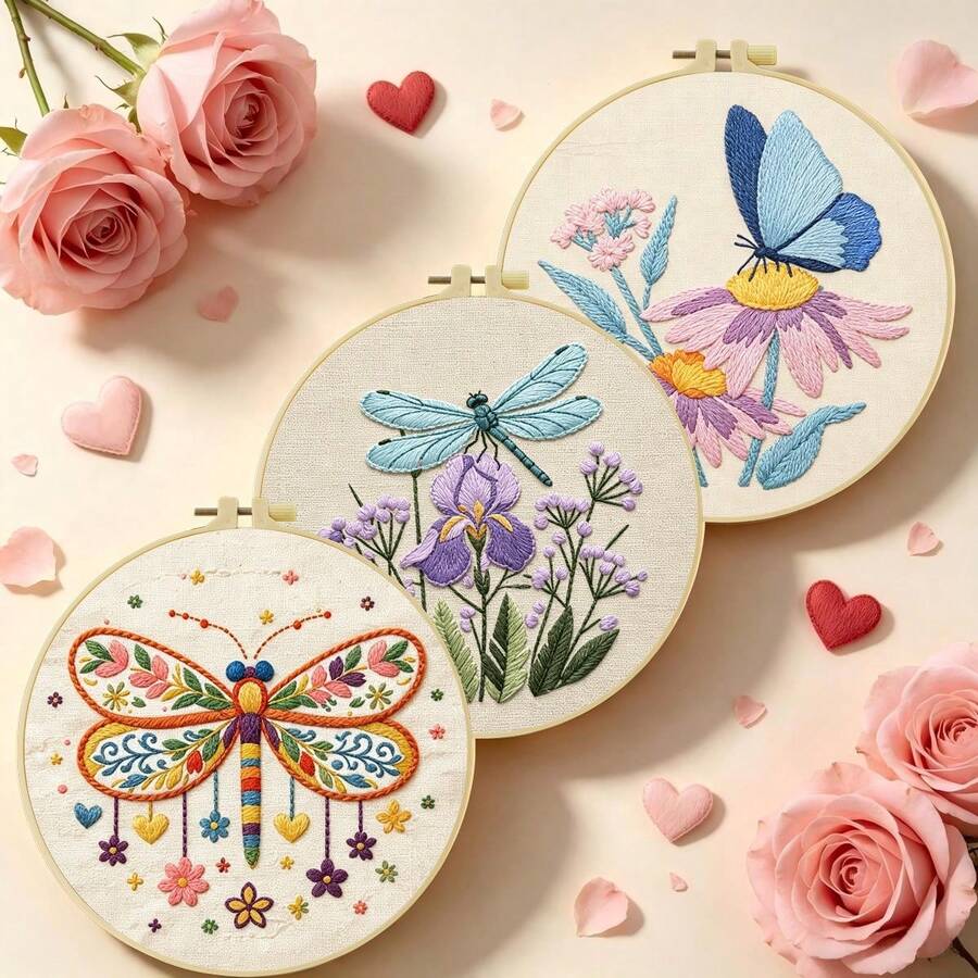 1PC 15*15cm/5.9*5.9in 20*20cm/7.9*7.9in,Dragonflies And Butterflies Embroidery Kit, DIY Handmade Embroidery Set For Adult Beginners, Home Gift, Women's Sewing Gift, Including User Manual, Printed Pattern Fabric, Embroidery Frame, Needle And Thread.