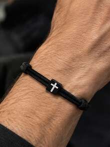 1pc Cross Bracelet For Women Men, Adjustable Braided Rope Cord Wristband, Christian Faith Religious Jewelry, Bible Verse Card, Baptism Birthday Gift - Black - View 2