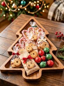 1pc Christmas Tree Shaped Wooden Tray, Christmas Wooden Snack Plate, Decorative Wooden Tray, Suitable For Candy And Nuts, Christmas Party Table Decor, Home Kitchen Food Display Plate, Holiday Kitchen Decor, Cutting Board, Hostess Gift - Multicolor - View 1