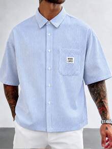 GloMan Old Money Style Men's Blue & White Striped Textured Patchwork Logo Button Loose Short Sleeve Shirt, Suitable For Autumn Family Gatherings, Office Commute, Golf, Gift For Husband/Father - Blue and White - View 5