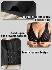 Plus Size Sexy Semi-Sheer Deep V Backless Bra, Striped Comfortable Wireless Front Closure Bra, Casual Wear Camisole Spaghetti Strap Tube Top - Black - View 7