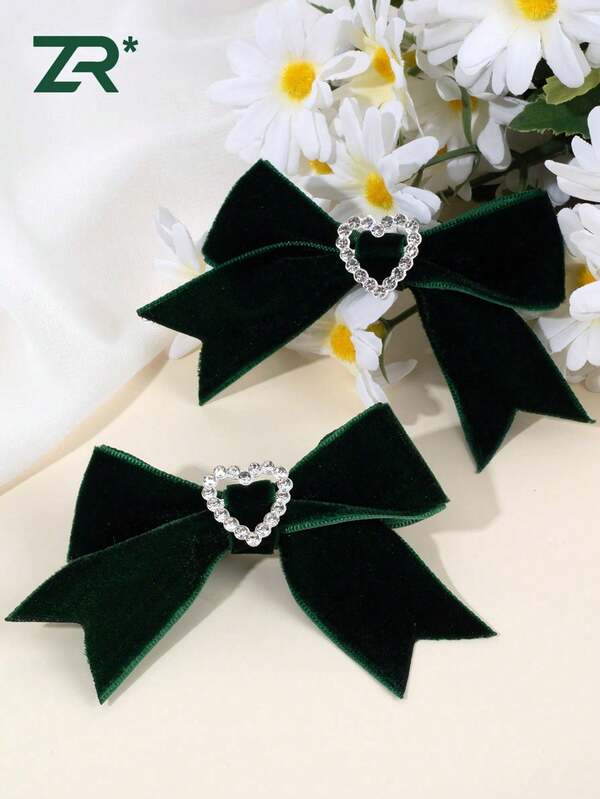2pcs Dark Green Velvet Bow Hair Clips,Heart-Shaped Rhinestones Decor Hairpins,Elegant Fashion Barrettes,Women Hair Accessories,Christmas,New Year