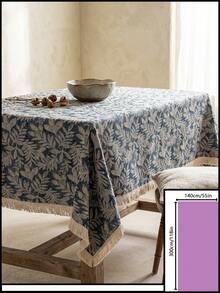 1pc Gray Blue Base White Branch & Leaf Pattern Tablecloth, Natural Rustic Style Linen Blend Material, Rectangular Beige Tassel Edge Detail, Stain-Resistant Desktop Protection Function, Suitable For Daily Home Use And Natural Dining Table Decor Scenes - Blue - View 21