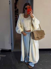 FOR BEAUTY Fall Winter Women Sweaters Y2K Cozy White Longline Open Front Cardigans Ribbed Knit Loose Drop Shoulder Daily Office Casual Clothes - White - View 5