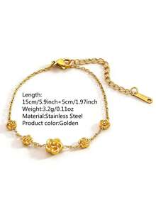 VceTd 1PC Fashion Romantic Stainless Steel Chain Bracelet With Rose Pendant Decor, Suitable For Women's Daily Wear, Date, Vacation Or Gift Giving - Yellow Gold - View 2