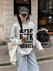 女款美式街頭風字母印花長袖上衣，秋季寬鬆版型，百搭休閒，麻灰色 - 花灰色-1 - 查看 1