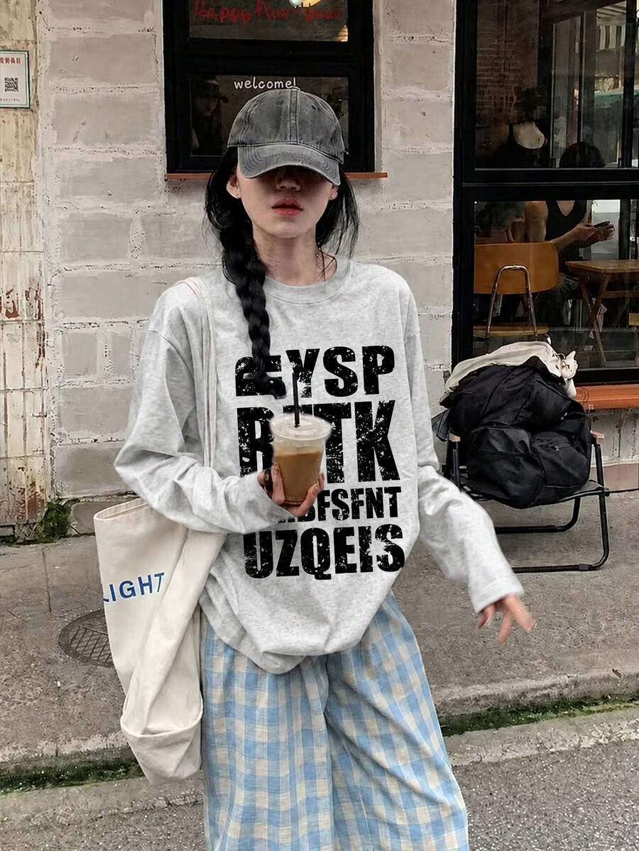 女款美式街頭風字母印花長袖上衣,秋季寬鬆版型,百搭休閒,麻灰色 - 花灰色-1 - 查看 1