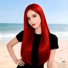 Wig Panjang Lurus Belahan Tengah Warna Merah 28 Inci, Alami & Realistis, Cocok untuk Pemakaian Sehari-hari, Pesta Festival, Cosplay - merah - View 1