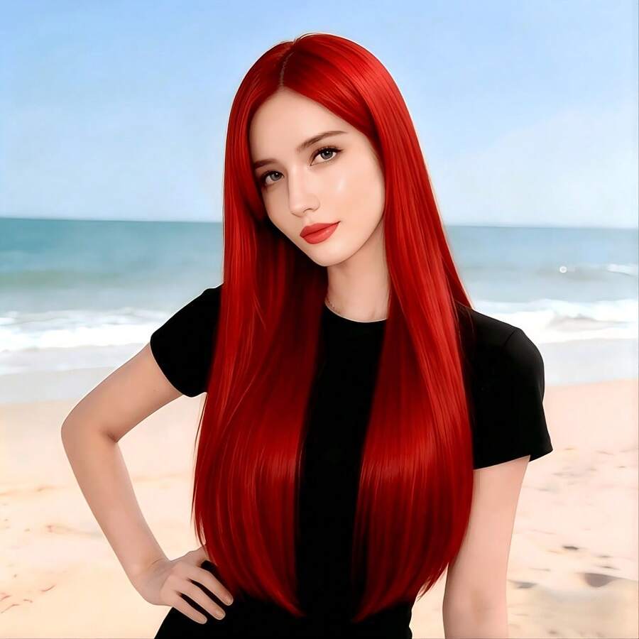 Wig Panjang Lurus Belahan Tengah Warna Merah 28 Inci, Alami & Realistis, Cocok untuk Pemakaian Sehari-hari, Pesta Festival, Cosplay - merah - View 1