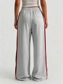 Women's Sports Long Pants, Dual Side Pockets, Straight Leg Summer Lightweight, Elastic Waistband With Drawstring Design, Contrast Stripe Design Autumn - Light Grey - View 3