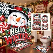 1件/4件裝 雪人圖案多功能浴室裝飾淋浴簾套組，附贈12個掛鉤，高級節日氛圍浴室地墊、U型地板墊與圓形馬桶蓋布，適用於所有場景裝飾的浴室套組 - 笑臉雪人 - 查看 1