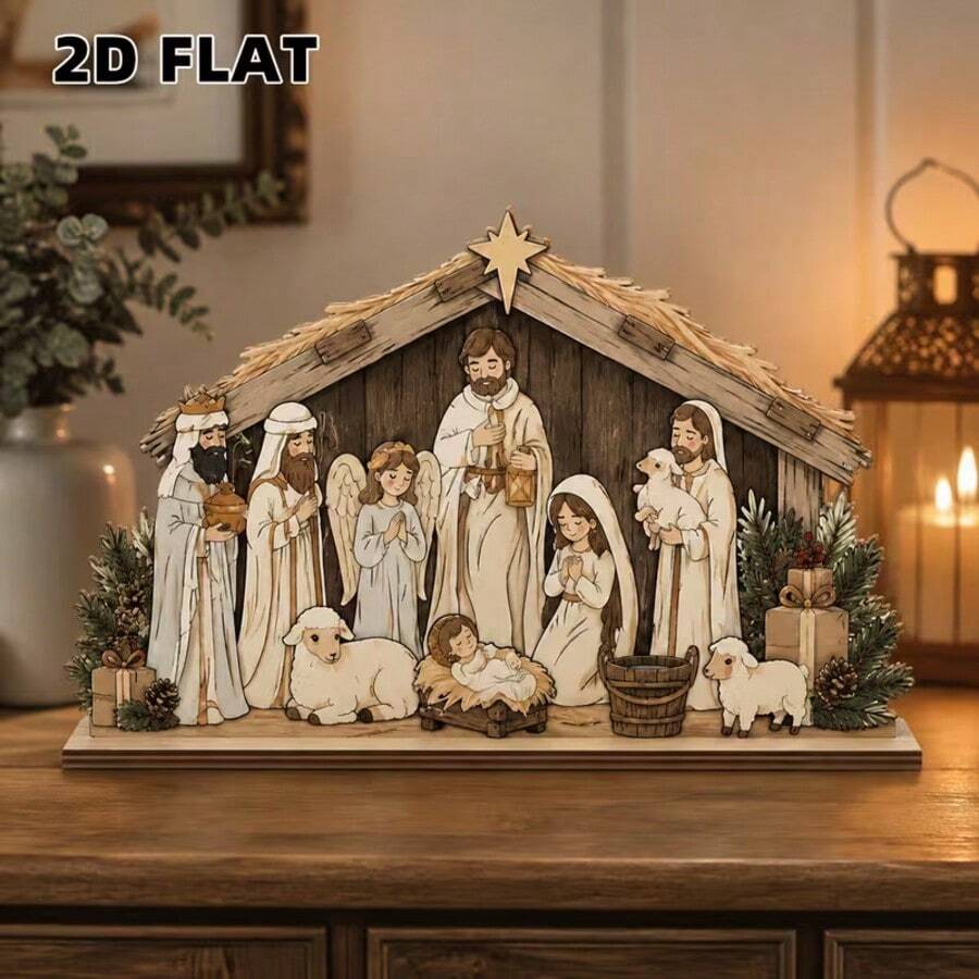 2D Plane, Advent Theme, Wooden Decorative Plaque, Party Decoration, Perfect Holiday Gift, Home, Religious Theme, Prayer Scene, Desktop Office Ornament, Christmas, Halloween Decor, Suitable For All Occasions, Pastoral Style, 2D Plane - A - View 1