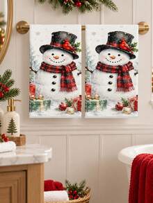 Handuk Tangan Dekoratif Motif Cetak Cat Air Boneka Salju Natal untuk Dapur dan Kamar Mandi, Dekorasi Rumah Liburan Natal, Hadiah dengan Pola Pohon Pinus, Kepingan Salju, Holly, Kardinal Merah, Musim Dingin - MultiWarna - View 6