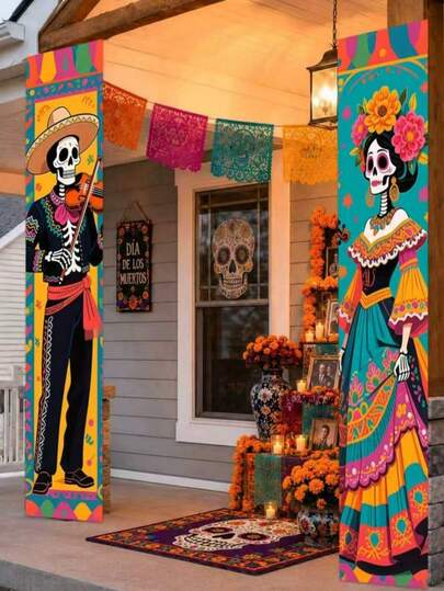 2 piezas Decoraciones del Día de Muertos, Cortina de Puerta del Día de Muertos Mexicano, Cortina de Puerta con Patrón de Músico y Bailarín Esqueleto, Patrón de Músico y Bailarín Esqueleto, Decoración de Estilo Vintage de Esqueleto y Cempasúchil