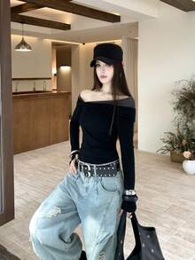 Women's Black Off-Shoulder Knit Top, Long Regular Sleeves, Medium Stretch Fabric, Twisted Detail, Regular Length, Suitable For Autumn Wear - Black - View 6