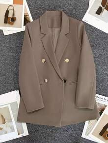 Spring/Summer Women's Solid Color Long Sleeve Double-Breasted Blazer, Notch Collar | Suitable For Dating, Parties, Outings And Holiday Celebrations - Khaki - View 4