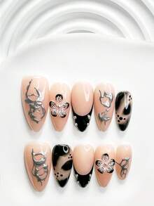 10pcs/Set Fashion Handmade Press-On Nails, Poly Gel Nail Art Set, Floral, Silver And Black Nail Polish, Exquisite Style, Includes Nail Tools, 3 Sizes Available: Square, Short Square, Almond, Suitable For Party, Dancing, Daily Wear (Handmade Details May Vary) - Multicolor - View 19