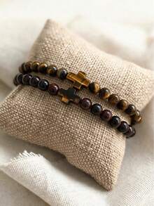 Tiger Eye Stone Men's Cross Bracelet, Confidence, Protection, Stability, Strength Boho Style Energy Healing Yoga Meditation Spiritual Jewelry Unisex - Multicolor - View 2