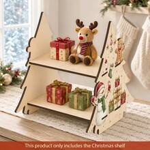 Wooden Double-Layer Freestanding Display Rack With Gingerbread Man And Snowman Pattern, Wooden Desktop Storage Organizer For Christmas, Entryway, Coffee Bar, Home Decor Countertop Shelf, Vertical Storage - Multicolor - View 2