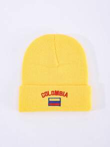 1pc Women's Letter Colombia Flag Embroidered Knit Beanie Hat, Brimless Cap Suitable For Autumn/Winter Warmth, Daily Outfits - A - View 7