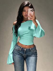 Y2K Solid Color Women Asymmetric One Shoulder Cold Shoulder Top, Ruched Waist Batwing Long Sleeve Flare Cuff Slim Fit Cropped Top, Sexy Streetwear Party Club Outfit For Early Autumn - Mint Blue - View 2
