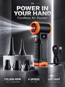 Q4 Vakum Nirkabel Portabel dengan Fungsi Hisap dan Tiup, Hingga 110.000 RPM, 4 Kecepatan yang Dapat Disesuaikan, Lampu LED dan Tampilan Persentase Baterai, Isi Ulang USB, Termasuk 5 Nozel dan Komponen Vakum yang Dapat Dilepas, Cocok untuk Pembersihan Interior Mobil, Keyboard dan Sofa, Penggelembungan, Pendinginan dan Lainnya - Wireless - View 2