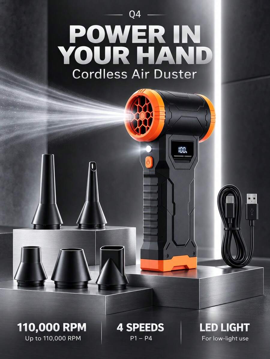 Q4 Vakum Nirkabel Portabel dengan Fungsi Hisap dan Tiup, Hingga 110.000 RPM, 4 Kecepatan yang Dapat Disesuaikan, Lampu LED dan Tampilan Persentase Baterai, Isi Ulang USB, Termasuk 5 Nozel dan Komponen Vakum yang Dapat Dilepas, Cocok untuk Pembersihan Interior Mobil, Keyboard dan Sofa, Penggelembungan, Pendinginan dan Lainnya