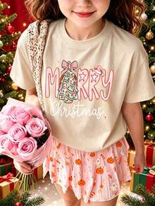 Girls Cream Pink Merry Bow Christmas Tree Printed Short Sleeve Crew Neck Tee - Apricot - View 1