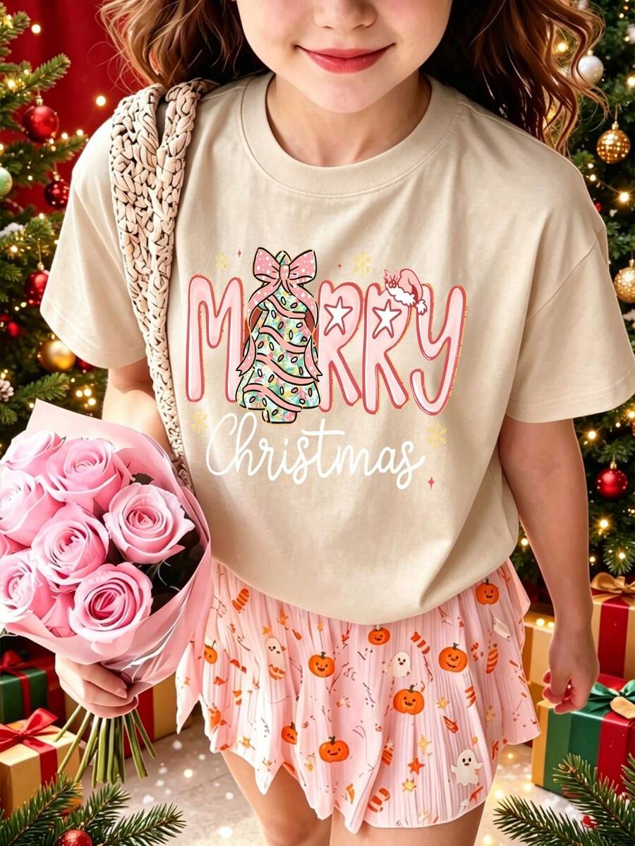 Girls Cream Pink Merry Bow Christmas Tree Printed Short Sleeve Crew Neck Tee - Apricot - View 1