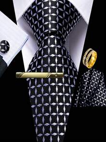 5Pcs Men Black White Diamond 4-Petal Flower Tie Pocket Square Cufflinks Tie Clip Ring Set, Cufflinks Pattern Random For Wedding - Black - View 1