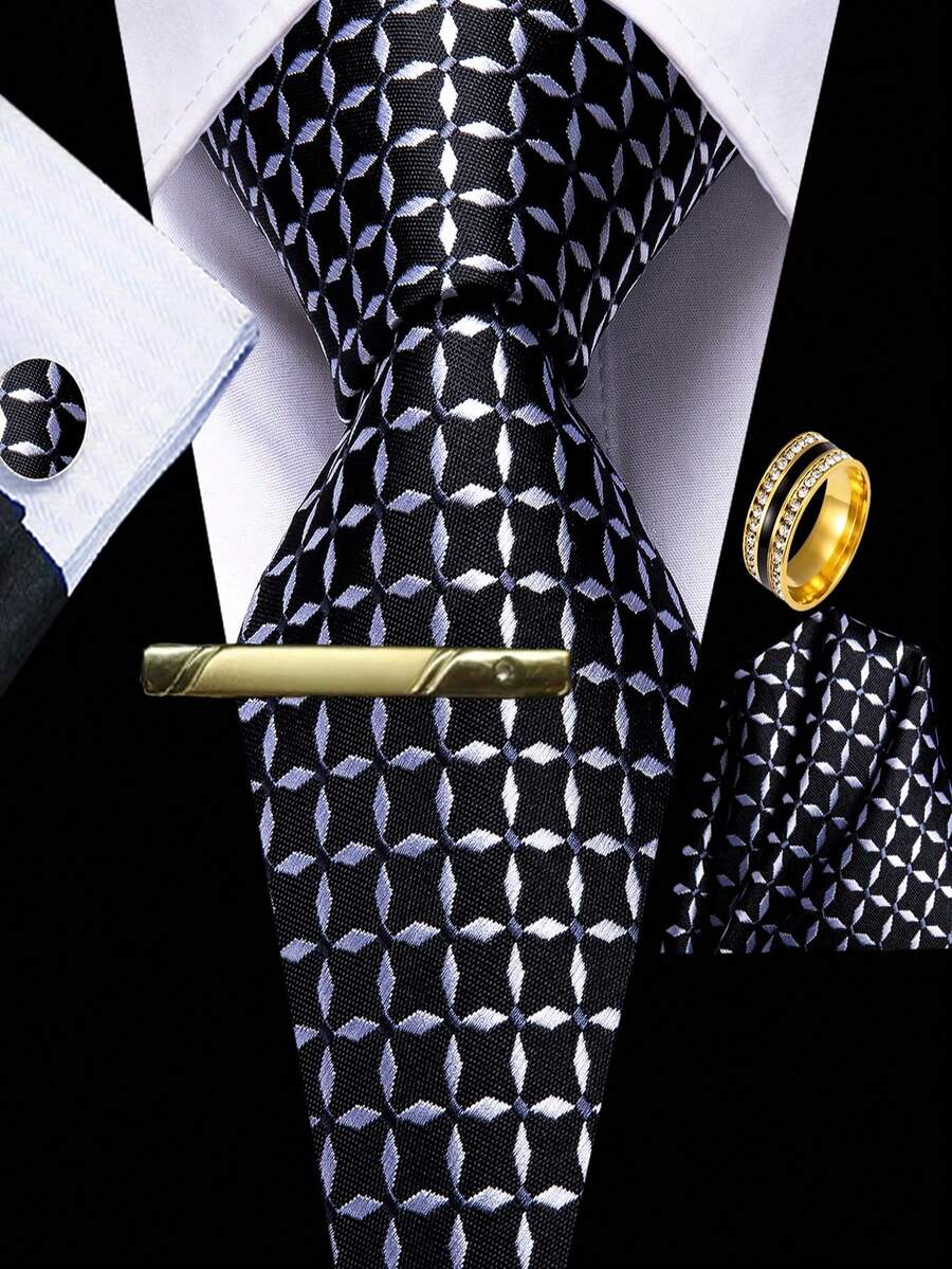 5Pcs Men Black White Diamond 4-Petal Flower Tie Pocket Square Cufflinks Tie Clip Ring Set, Cufflinks Pattern Random For Wedding - Black - View 1
