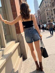 Y2K New Summer Women's Denim Shorts, Gradient Distressed Wash High Waist Button Zipper Pockets Cotton, Versatile For Outings, Dates, Commute, Spring/Summer Casual - Blue - View 2