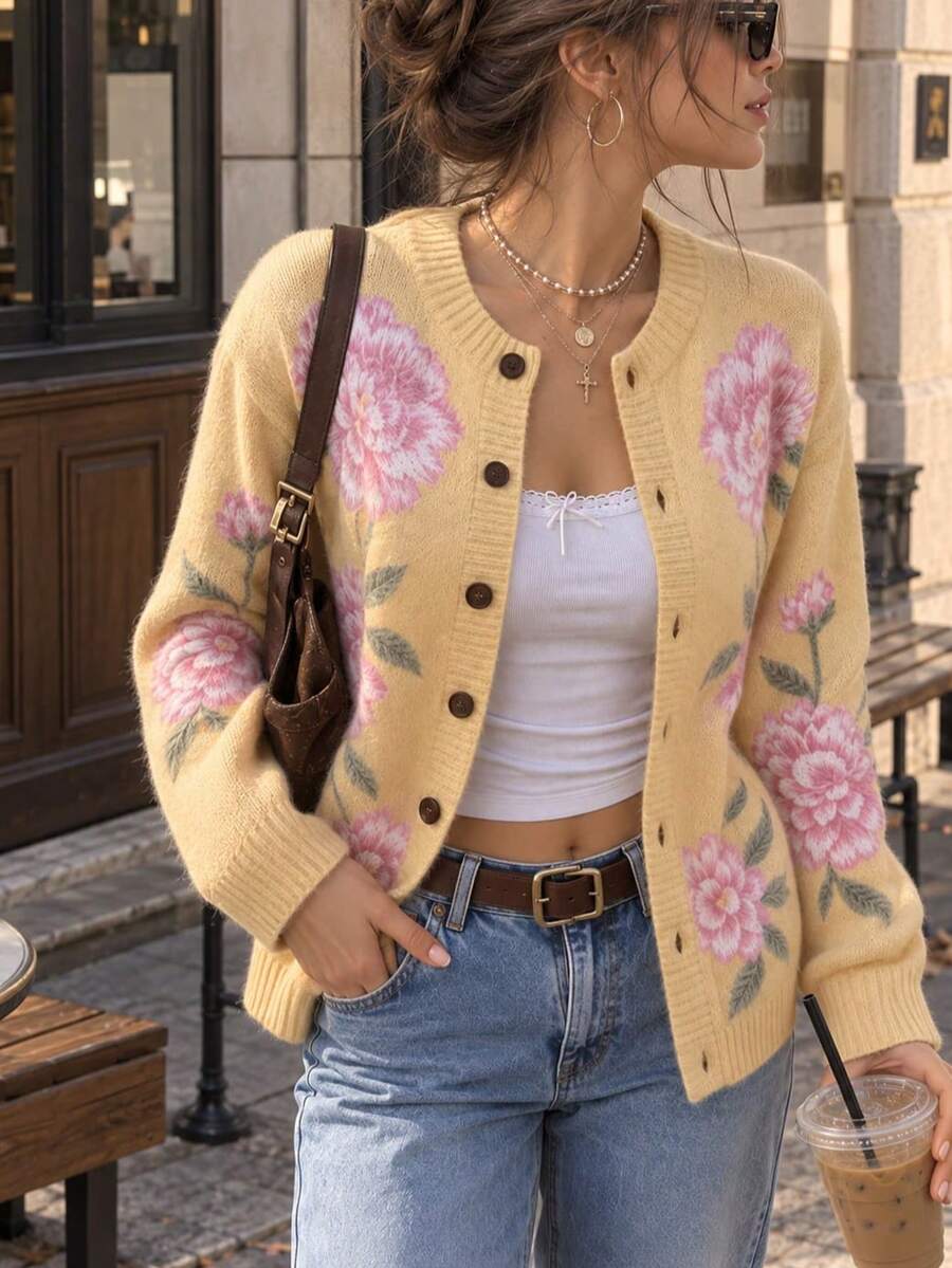 Women Yellow Floral Print Graphic Knit Cardigan, Button Front Long Sleeve Layering Sweater, Casual Fall Winter Fashion Top, Back To School Outfit - Yellow - View 1
