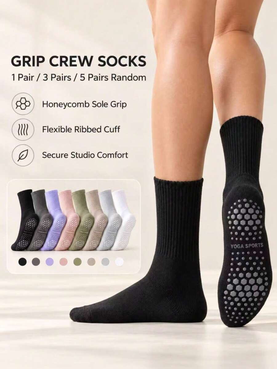 Women's Pilates Grip Socks, Non-Slip Ribbed Crew Socks With Honeycomb Grip Sole For Yoga, Barre & Studio Workouts, 1/3/5 Pairs, Random Colors - Multicolor - View 1