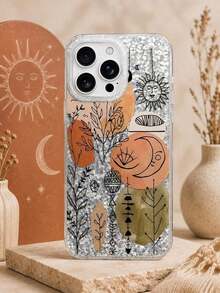 Ins Artistic Style Phone Case - Autumn Terry Tone Color Blocks With Hand Drawn Plants And Totem Sun/Moon - Suitable For Daily Use/Gifts - Bright Silver Fragment Style - Unique Design, Compatible With IPhone 18/17/16/15/14/13 Pro Max And More Models - Multicolor - View 2