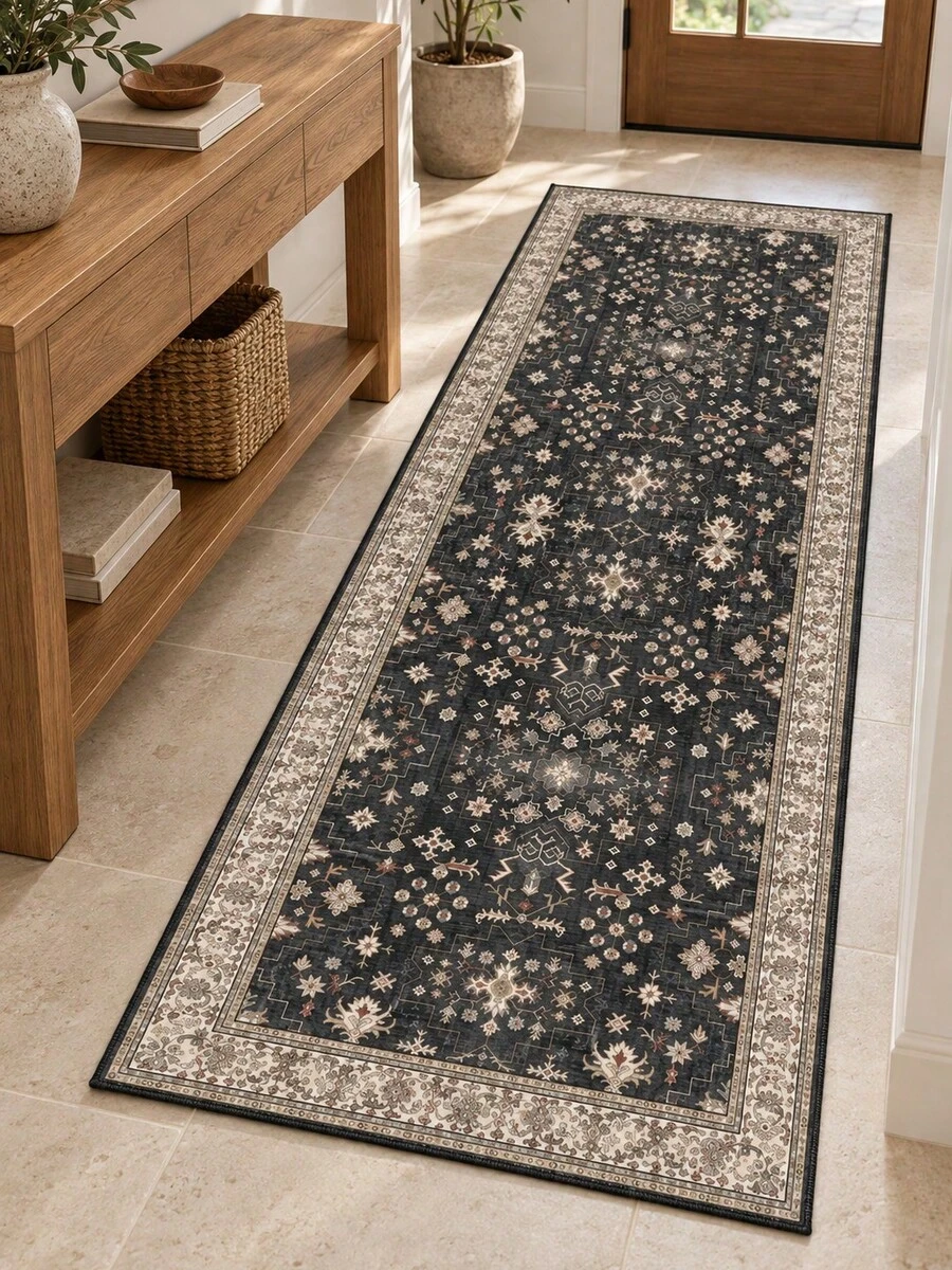 1PC Vintage Persian Floral Runner Rug, Black Beige Boho Oriental Long Area Rug, Non-Slip Floor Mat For Hallway, Entryway, Kitchen & Living Room - Multicolor - View 1