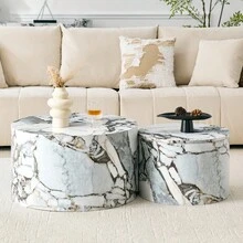 2 Round Coffee Tables With Storage Space, Nesting Table Design With Wood Look, Made Of MDF, Approximately 62.8/44 In Diameter, Living Room Side Table With Lid And Hollow Space. - White + MDF - View 6