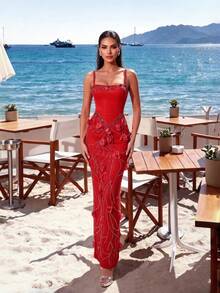 Women's Elegant Spaghetti Strap High Waist Beaded Rhinestone Petal Bandage Dress - Red - View 1