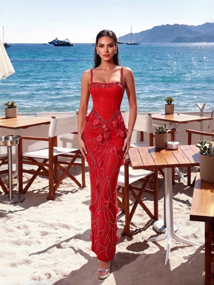 Women's Elegant Spaghetti Strap High Waist Beaded Rhinestone Petal Bandage Dress - Red - View 1