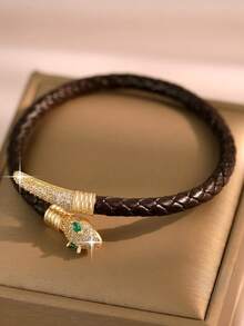 1pc Vintage Luxury Cubic Zirconia Snake Shape Open Bangle Bracelet, Unique Popular Style Copper Bracelet For Daily Wear, Banquet,Party,Christmas - Black - View 7