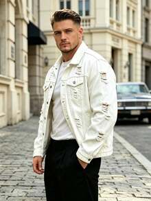 Men's White Denim Jacket Oversized Ripped Distressed Trucker Coat - White - View 3