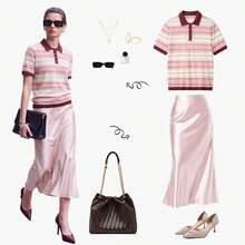YROOE Women's Pink White Brown Color Block Striped Collared Half-Button Short Sleeve Knit Top, Autumn/Winter - Multicolor - View 2