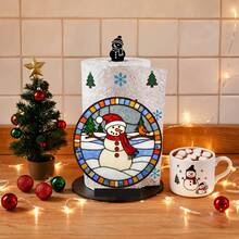 2D Christmas Snowman Red Scarf Red Cardinal Snow Scene Painted Glass Print Paper Towel Holder, Acrylic Material Vertical Roll Paper Storage Rack, Kitchen Dining Table Decor Ornament, Easy Installation, Suitable For Christmas - Multicolor - View 2