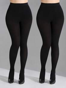 1/2 Pairs Plus Size Black High Elastic Pantyhose, Women's High Density Solid Color Shiny Glossy Stockings, Anti-Scratch, Suitable For Daily Wear - Black - View 16
