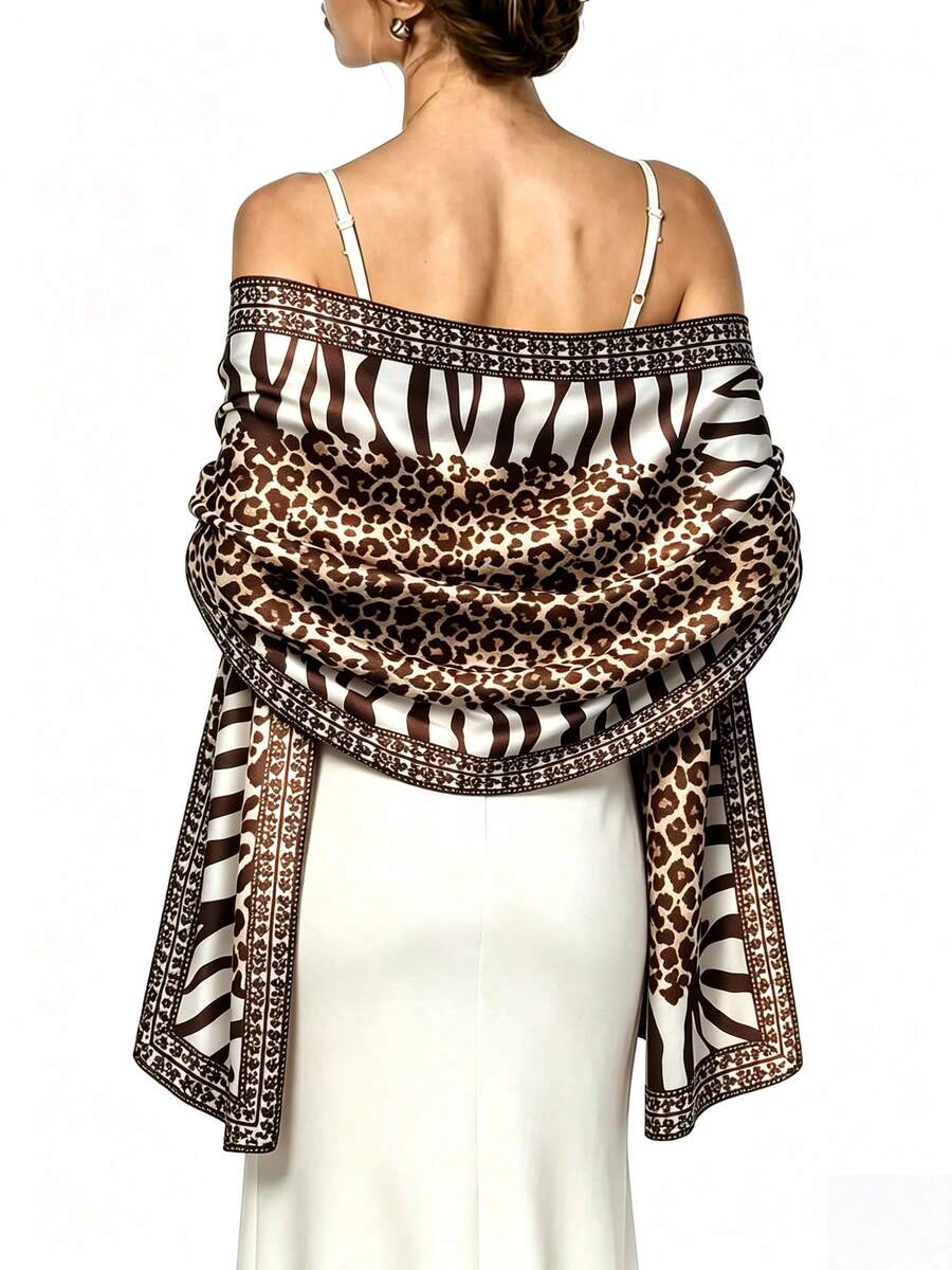 Women Brown Tone Leopard Zebra Mixed Animal Print Satin Large Scarf - Brown - View 1
