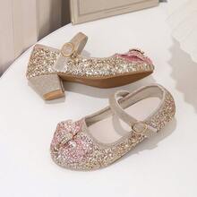 Sparkling Sequin Girls Princess Shoes, Fine Glitter Bowknot With Rhinestone Heart Pendant, One-Strap Magic Hook & Loop Closure, Easy On & Off, Suitable For Performance, Birthday Party, Dress Matching - Champagne - View 6