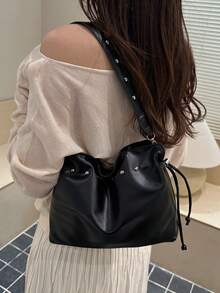 New Women Pleated Handbag, Fashionable Versatile Street Style Shoulder Bag, Underarm Bag,Bags For Woman,Black Bag - Black - View 4
