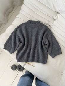 Women's Plus Size Solid Color Round Neck Drop Shoulder Loose Casual Sweater - Dark Grey - View 7